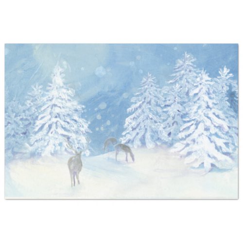 Winter Deer Snow Falling Christmas Tree Blue White Tissue Paper