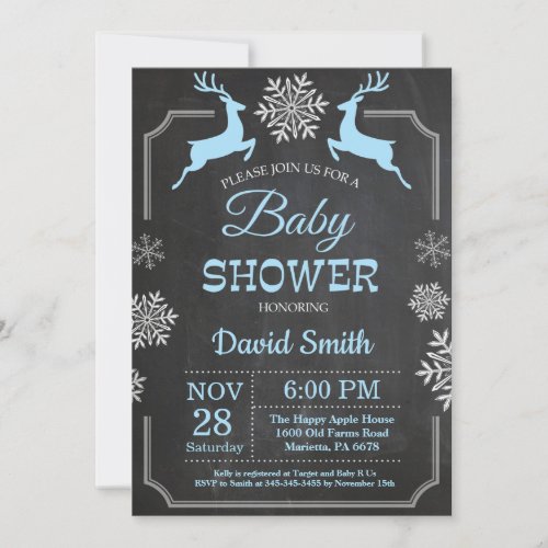 Winter Deer Snowflake Boy Baby Shower Invitation