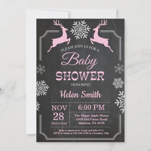 Winter Deer Snowflake Girl Baby Shower Invitation