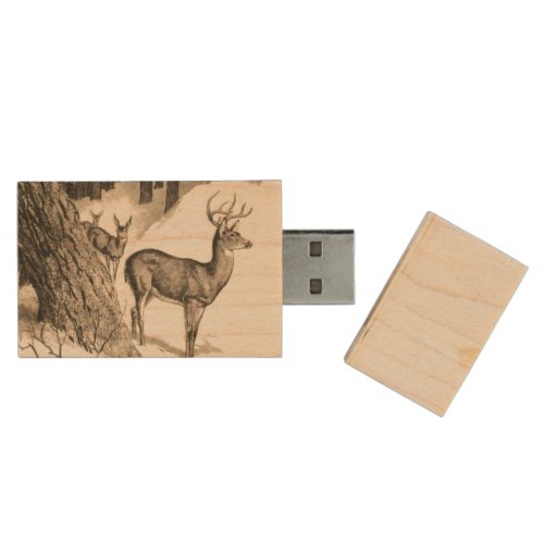 Winter Deer USB Wooden Flash Drive