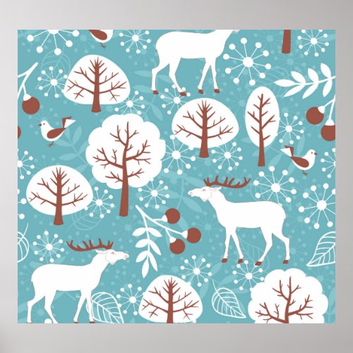 Winter deer vintage seamless background poster