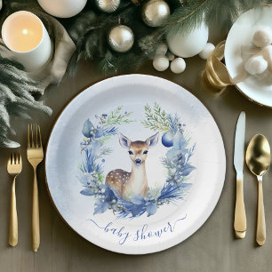 Winter Deer Watercolor Baby Shower Paper Plates