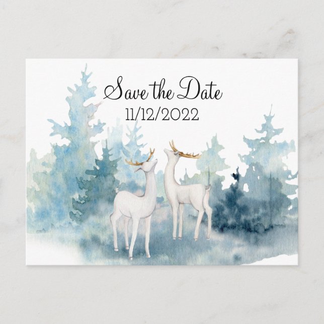 Winter Deer Watercolor Wedding Save the Date Postcard (Front)