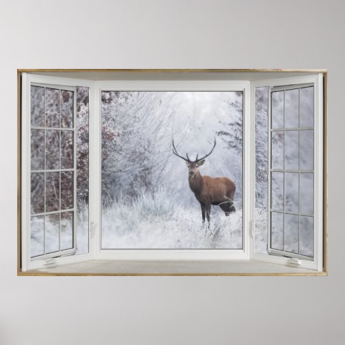 Winter Deer White Bay Window Illusion Poster