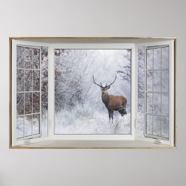 Winter Deer White Bay Window Illusion Poster (Front)