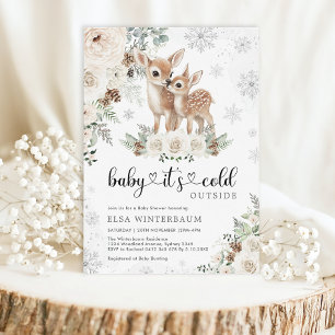 Winter Deer White Floral Snowflakes Baby Shower Invitation