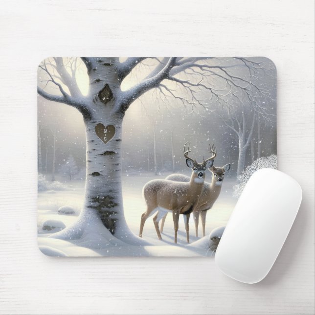 Winter Deer With Birch Tree Heart  Mouse Pad (With Mouse)
