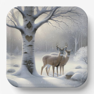 Winter Deer With Heart On Birch Tree Paper Plates