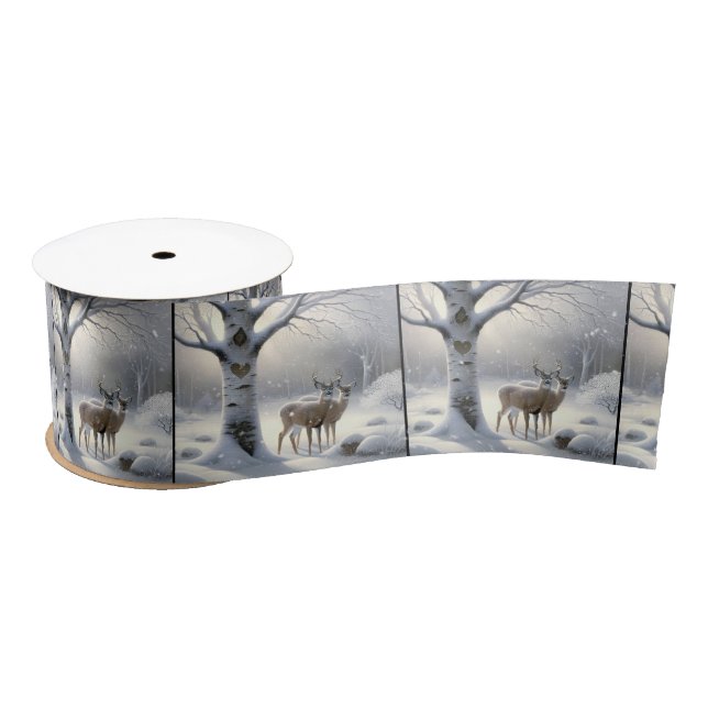 Winter Deer With Heart On Birch Tree Satin Ribbon (Spool)