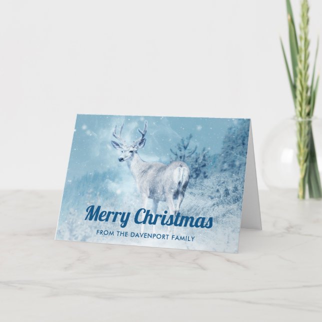 Winter Deer with Pine Trees Merry Christmas Holiday Card (Front)