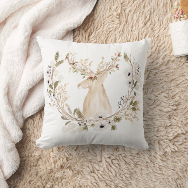 Winter Deer Wreath  Throw Pillow (Blanket)