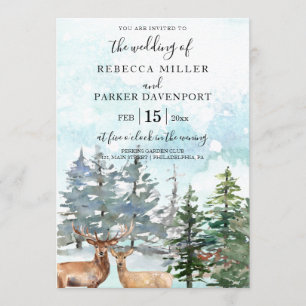Winter deers in the forest snowy invitation