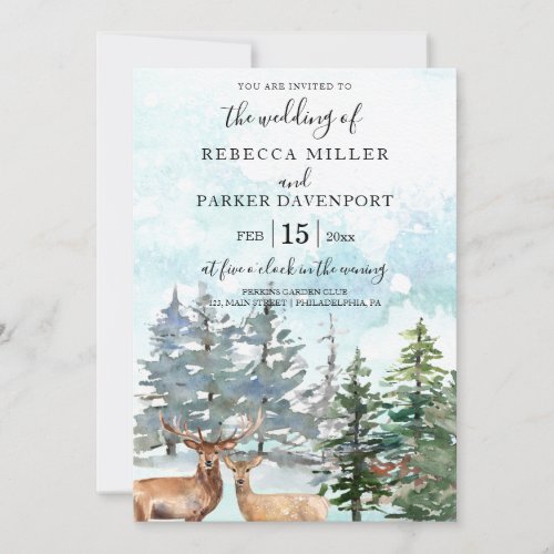 Winter deers in the forest snowy invitation
