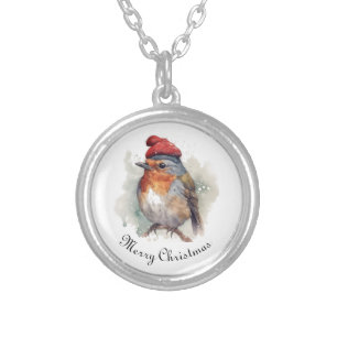 Winter Delight Watercolor European Robin Silver Plated Necklace