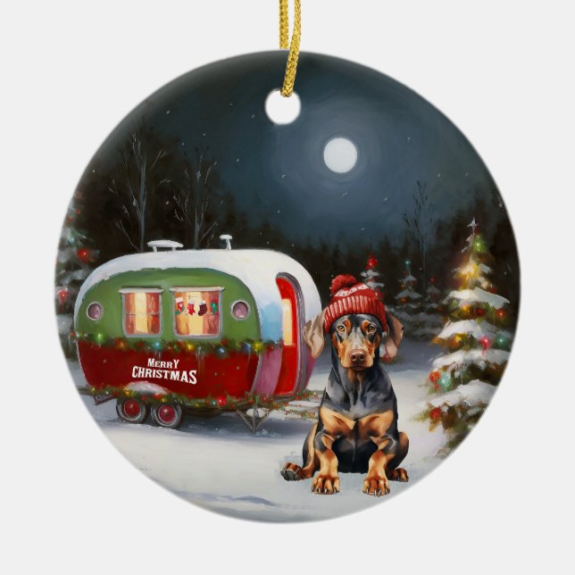 Winter Doberman Caravan Christmas Adventure  Ceramic Ornament (Front)
