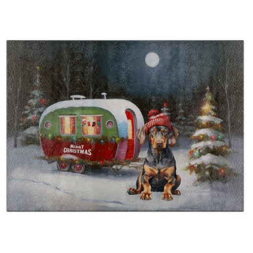 Winter Doberman Caravan Christmas Adventure  Cutting Board