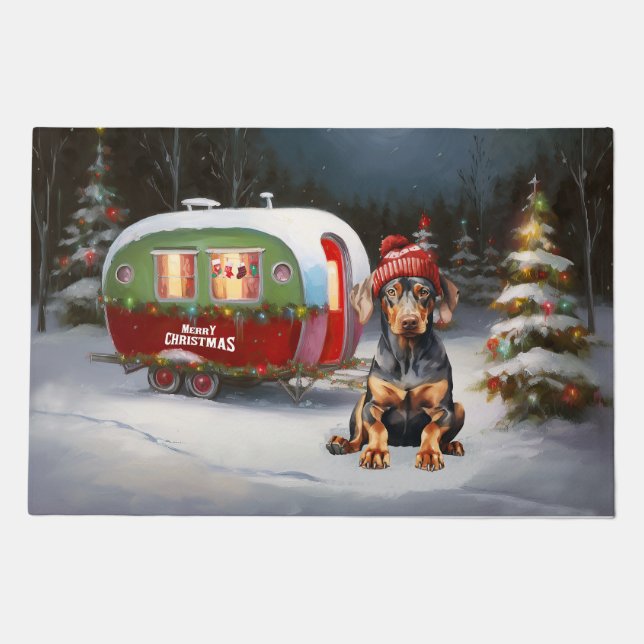 Winter Doberman Caravan Christmas Adventure  Doormat (Front)