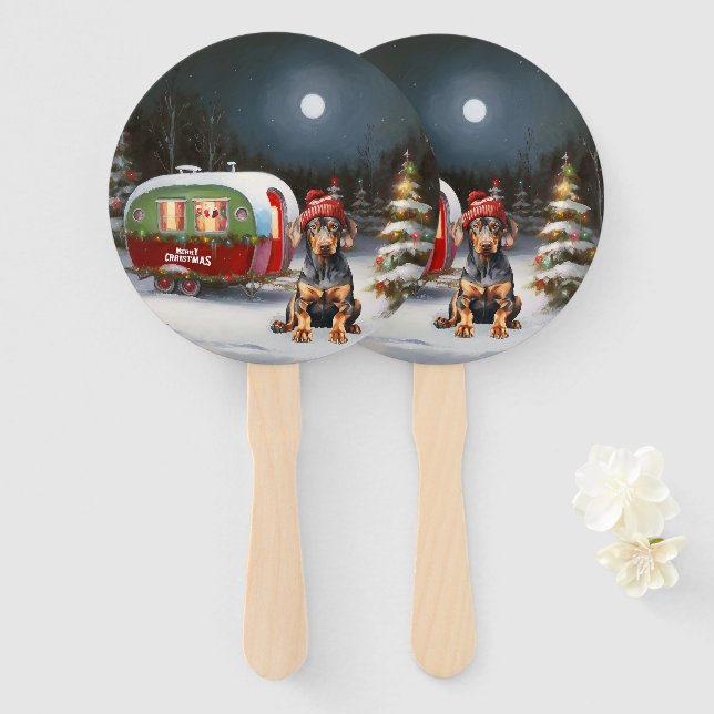 Winter Doberman Caravan Christmas Adventure  Hand Fan (Front and Back)