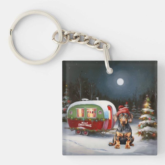 Winter Doberman Caravan Christmas Adventure  Keychain (Front)