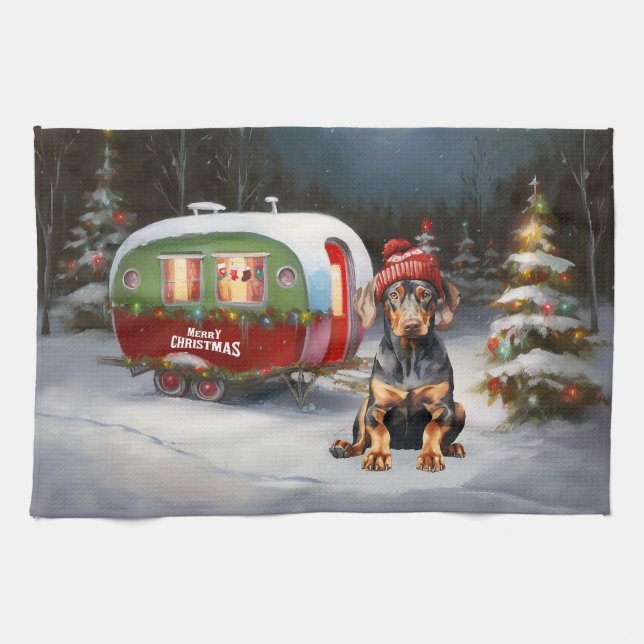 Winter Doberman Caravan Christmas Adventure  Kitchen Towel (Horizontal)