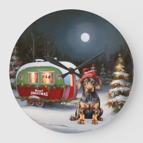 Winter Doberman Caravan Christmas Adventure  Large Clock