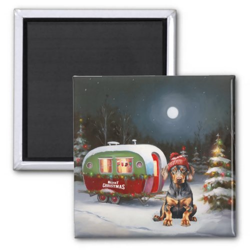 Winter Doberman Caravan Christmas Adventure  Magnet