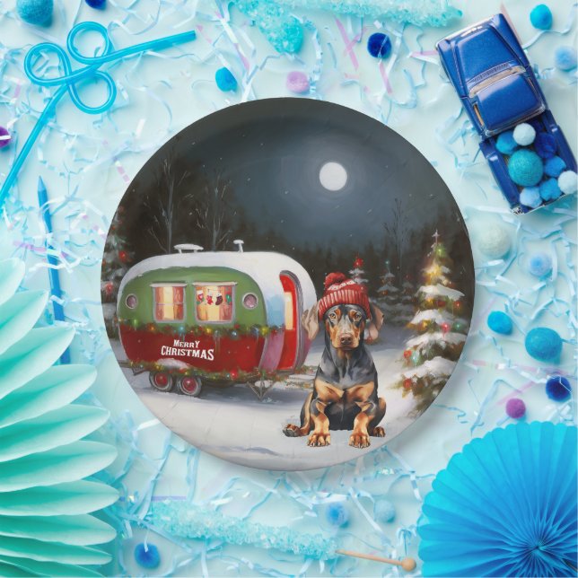 Winter Doberman Caravan Christmas Adventure  Paper Plates (Party)