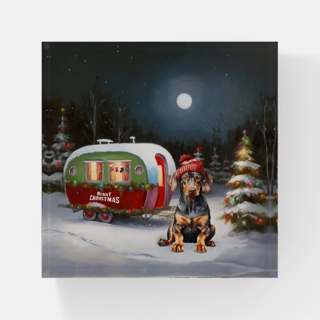 Winter Doberman Caravan Christmas Adventure  Paperweight (Front)