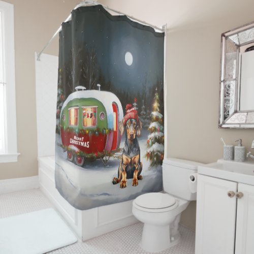 Winter Doberman Caravan Christmas Adventure  Shower Curtain