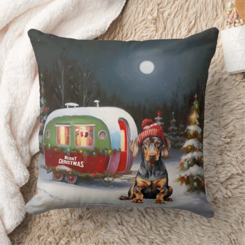 Winter Doberman Caravan Christmas Adventure  Throw Pillow