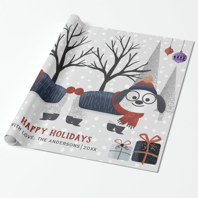 Winter dog and trees Happy holidays Christmas Wrapping Paper (Unrolled)