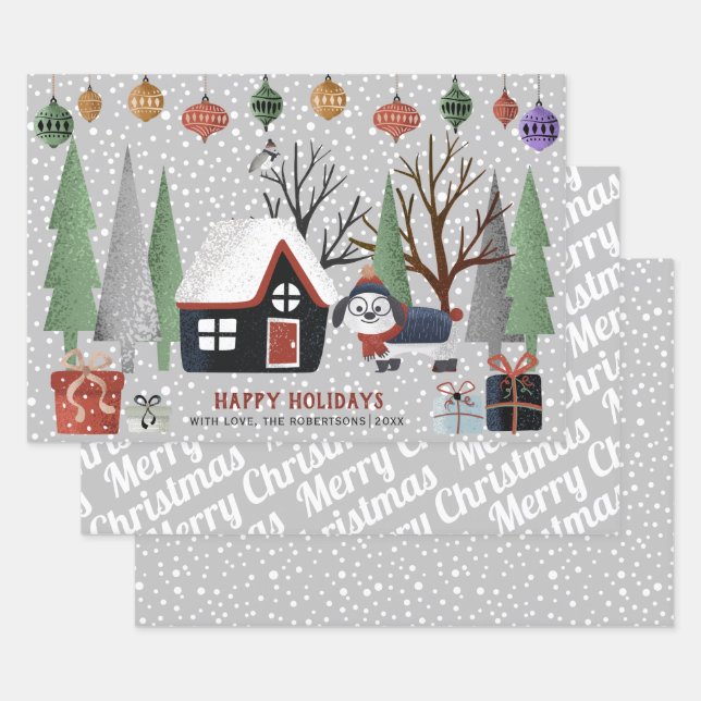 Winter dog, Merry Christmas and snowflakes Wrapping Paper Sheets (Set)