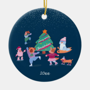 Winter Dogs Ice Skating Dark Blue Christmas Photo Ceramic Ornament