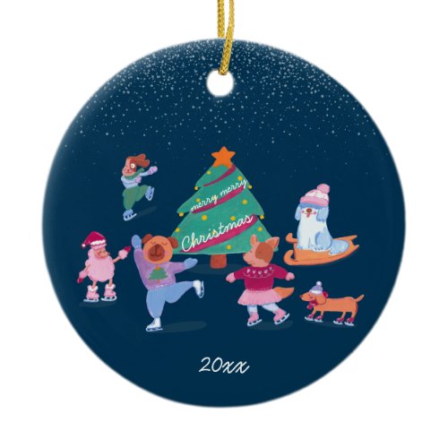 Winter Dogs Ice Skating Dark Blue Christmas Photo Ceramic Ornament