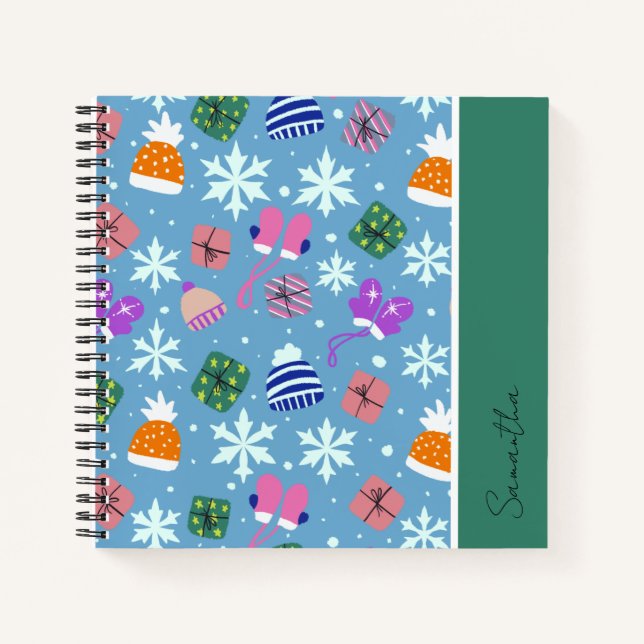 Winter Doodles Blue Pattern with Monogram Notebook (Front)