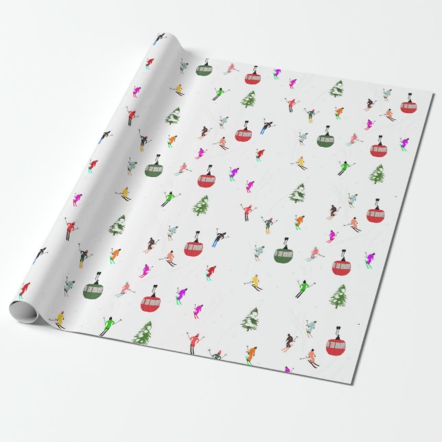 Winter Downhill Skiers Skiing Pattern Wrapping Paper (Unrolled)