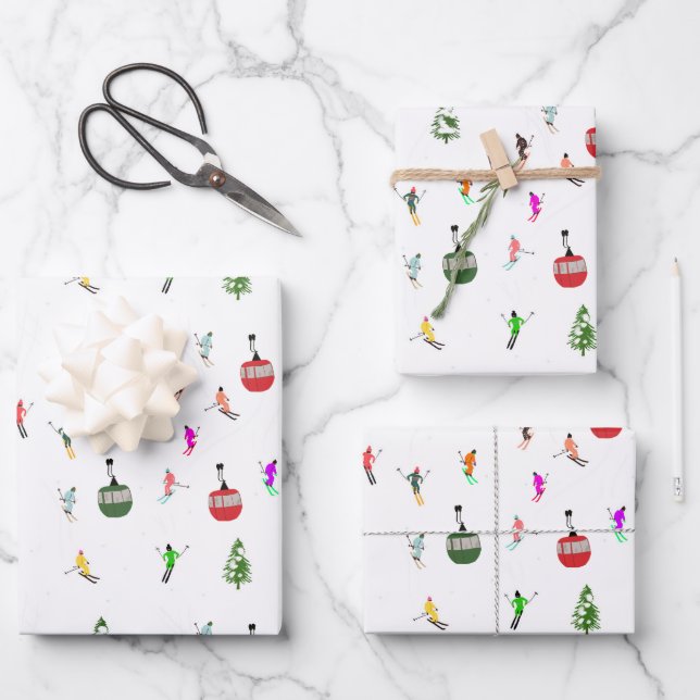 Winter Downhill Skiers Skiing Pattern Wrapping Paper Sheets (Front)
