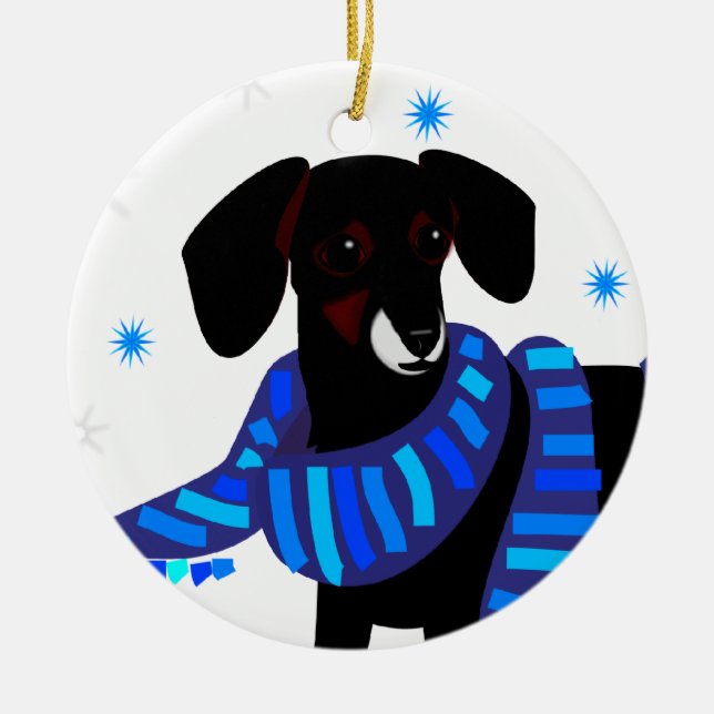 Winter Doxie in blue Ceramic Ornament (Front)