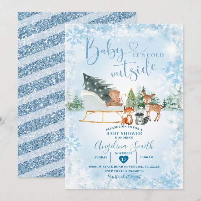 Winter Dreamy Blue Snowflake Sleigh Baby Shower Invitation (Front/Back)
