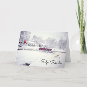Winter Driving Vintage Red Car Safe Travels Snow Holiday Card