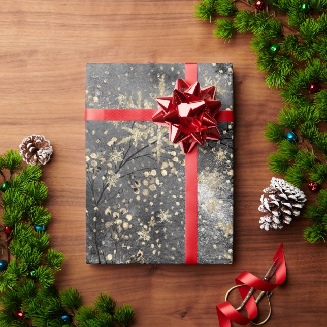 Winter Dusk Gold Berries & Snowflakes Wrapping Paper (Holiday Gift)