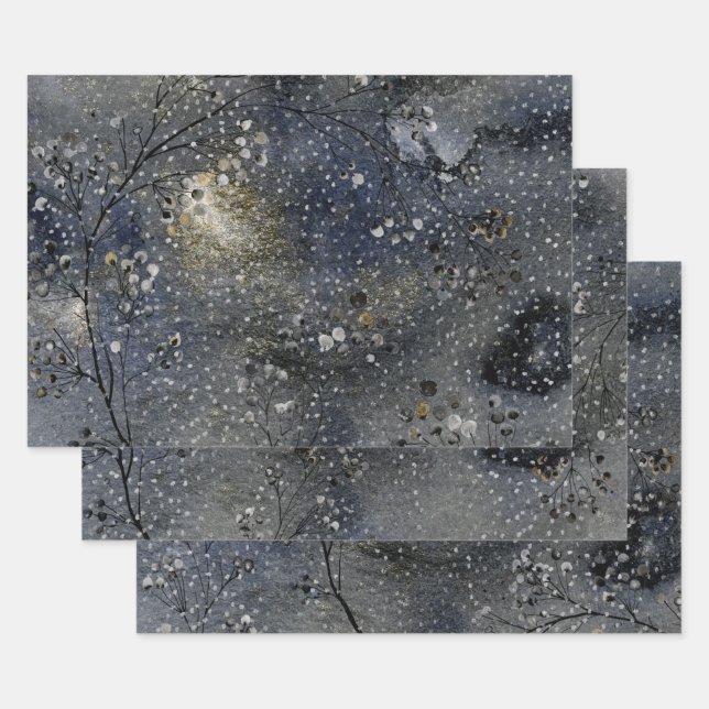 Winter Dusk Night Sky Silver Snowfall Wrapping Paper Sheets (Set)