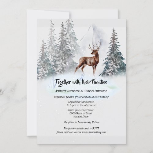 Winter dusky blue watercolor stag forest setting invitation