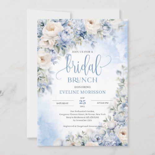 Winter Dusty Blue and Ivory Flowers Bridal brunch Invitation