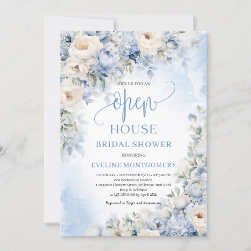 Winter dusty blue and ivory flowers Open House Invitation