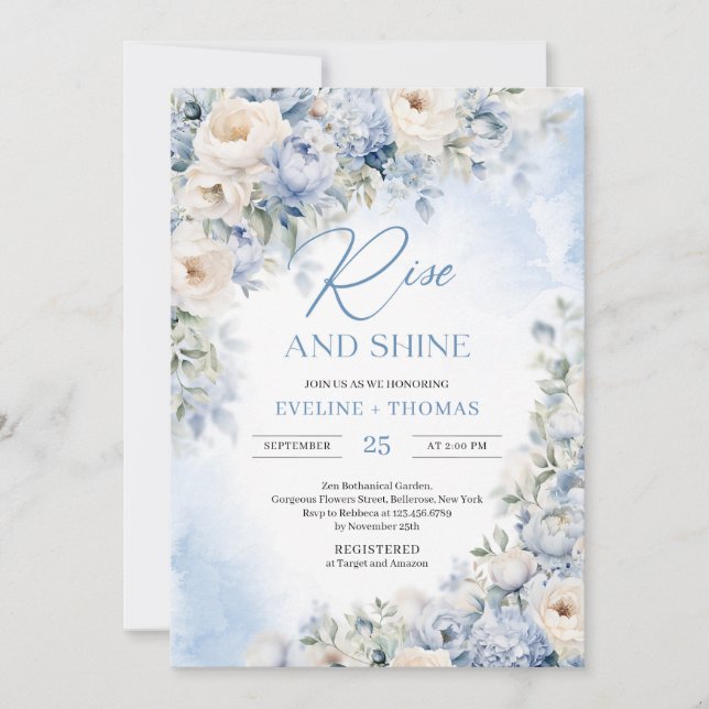 Winter dusty blue and ivory flowers rise and shine invitation (Front)