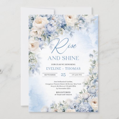 Winter dusty blue and ivory flowers rise and shine invitation