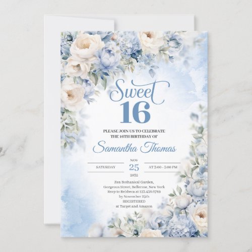 Winter Dusty Blue and Ivory Flowers Sweet 16 Invitation