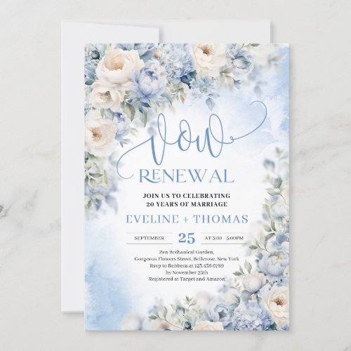 Winter Dusty Blue and Ivory Flowers vow renewal  Invitation