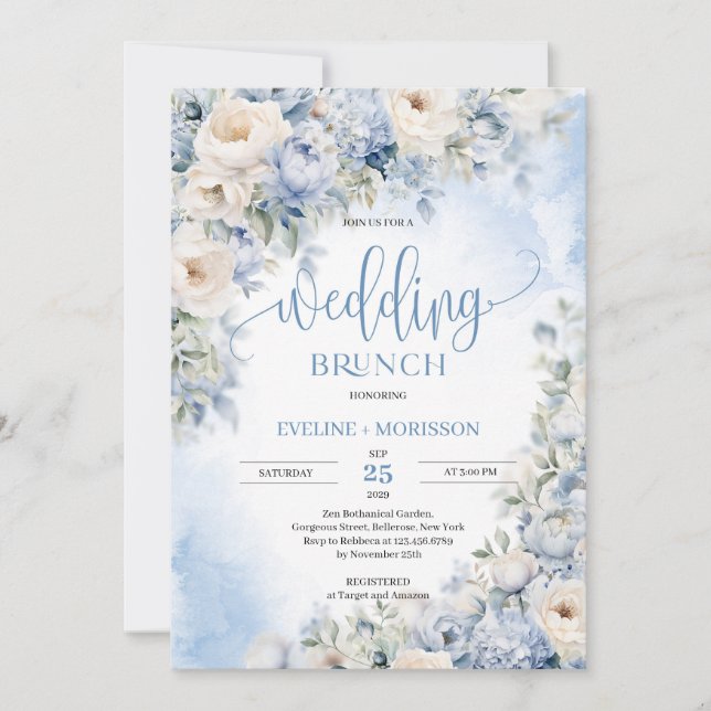 Winter dusty blue and ivory flowers wedding brunch invitation (Front)